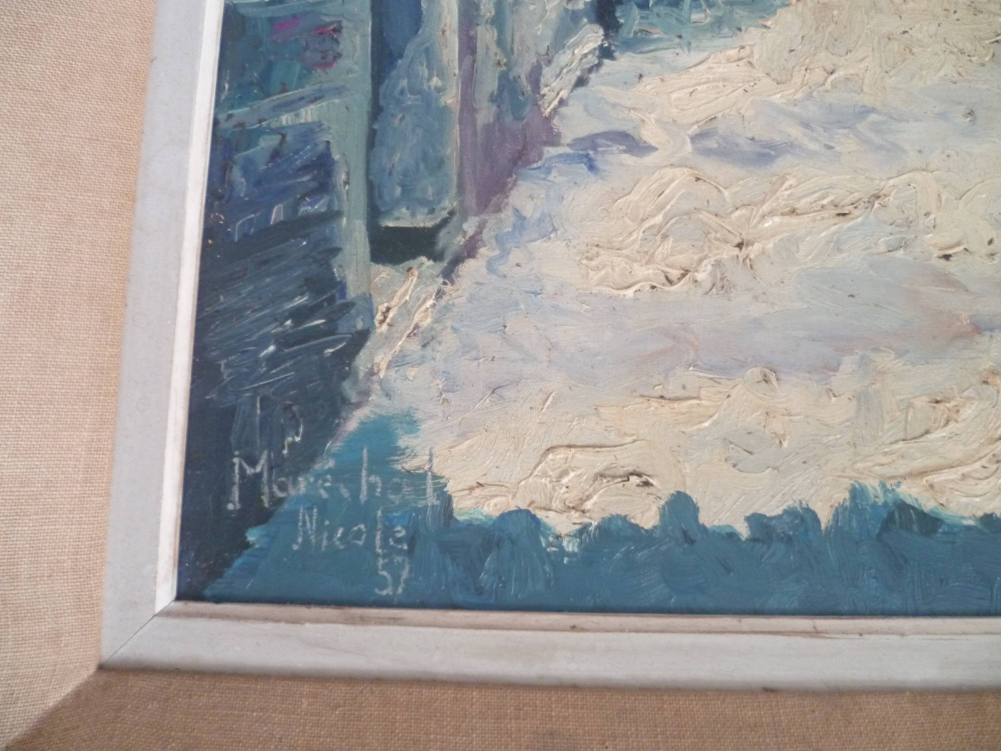 HST PAINTING "SNOW LANDSCAPE WITH RED LANTERN" signed MARECHAL NICOLE 1957 IN ITS FRAME