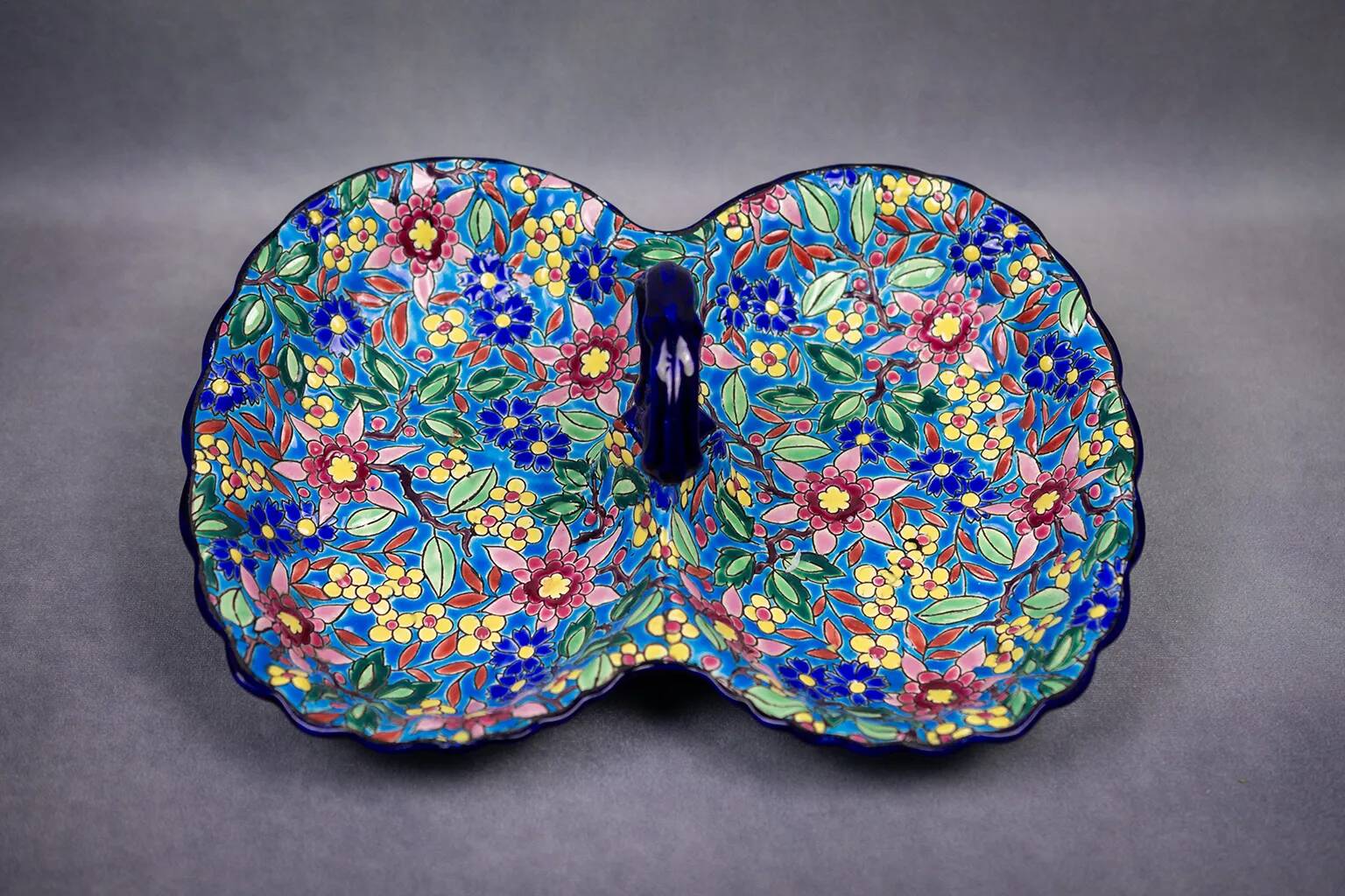 Beggar / servant in Longwy earthenware – floral decoration, 1950s