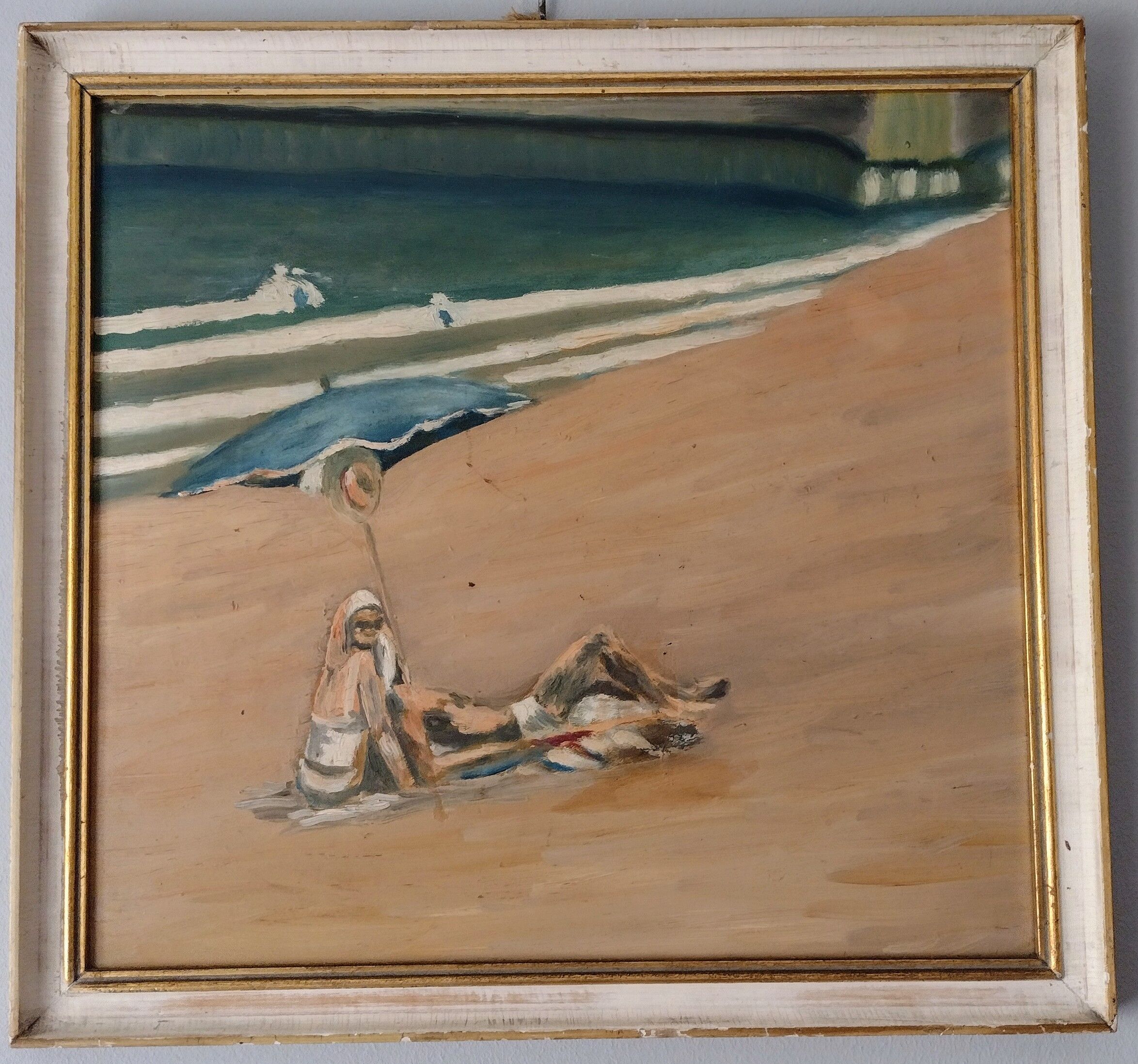 Mid century oil painting The Sunbathers