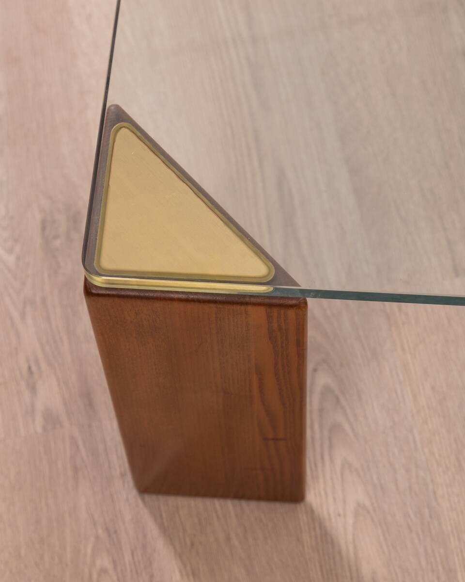 Vintage 80's table in wood, brass and glass, italian design