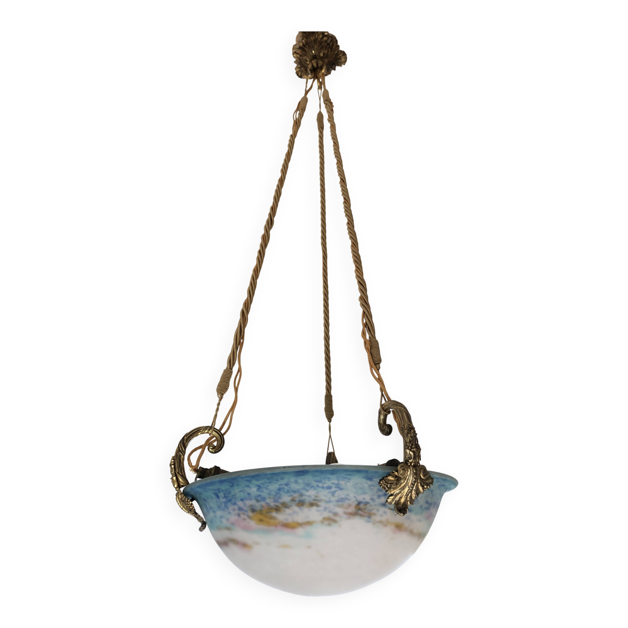 Suspension/Muller Glass Paste/Turquoise Blue & Bronze Frame/Art Nouveau