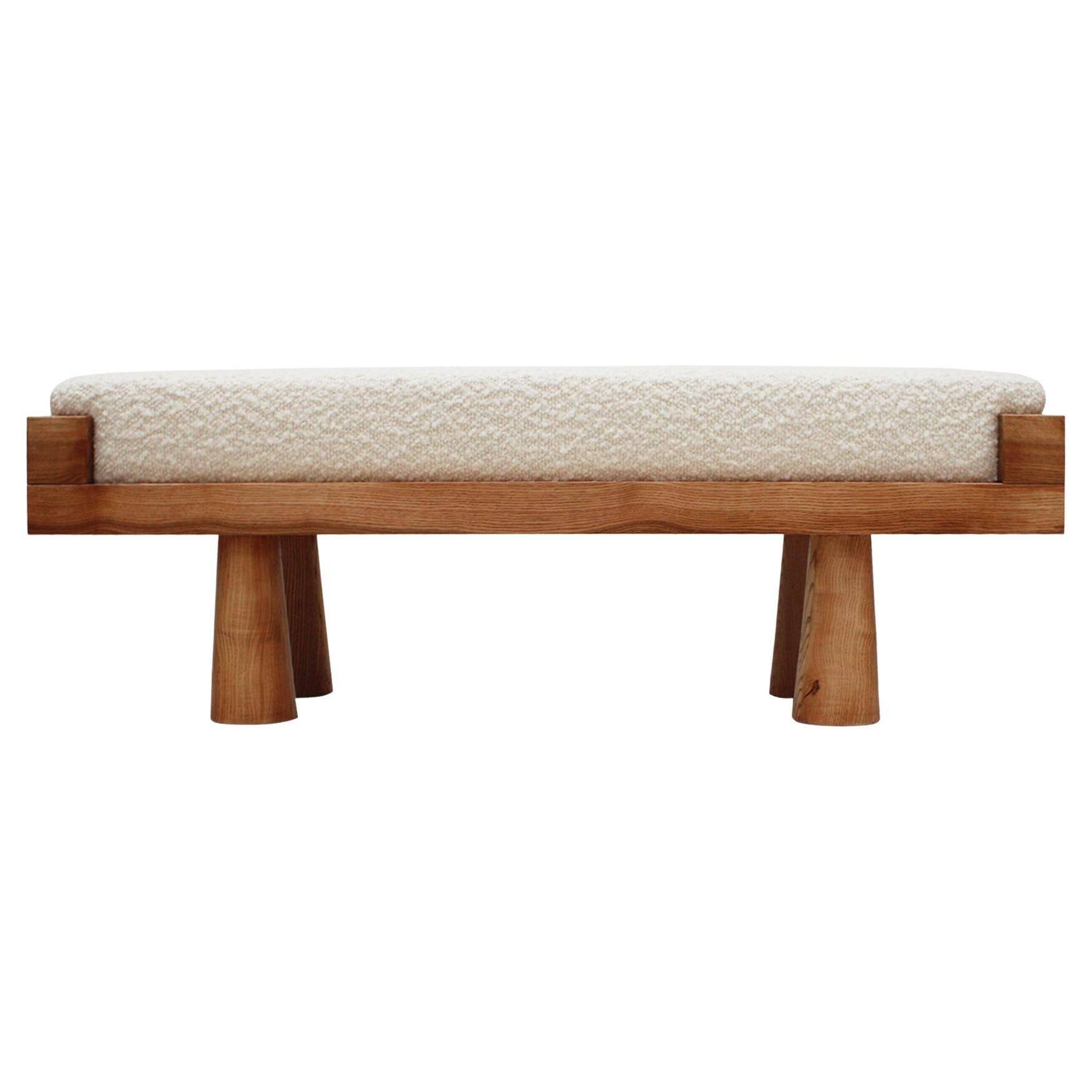 Contemporary Brutalist Style Bench in Solid Oak and Wool Bouclé, Italy