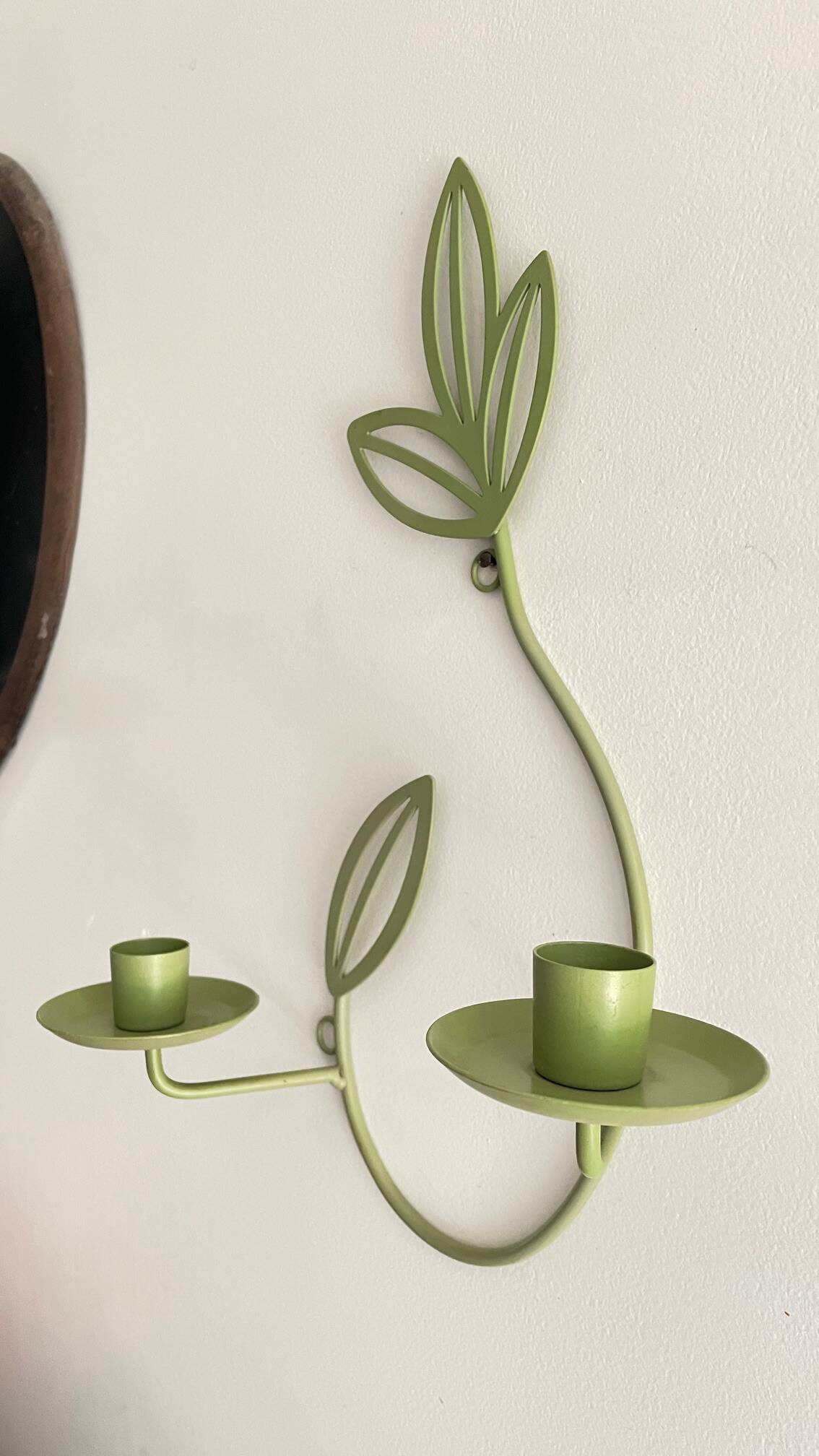 Wall Candle Holder, Green Metal Leaves
