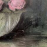 Tableau au pastel ancien, bouquets de roses, nature morte signée M. Legendre