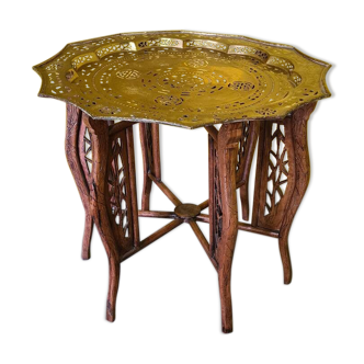 Table d'appoint pliante vietnamienne en laiton et bois, années 1950