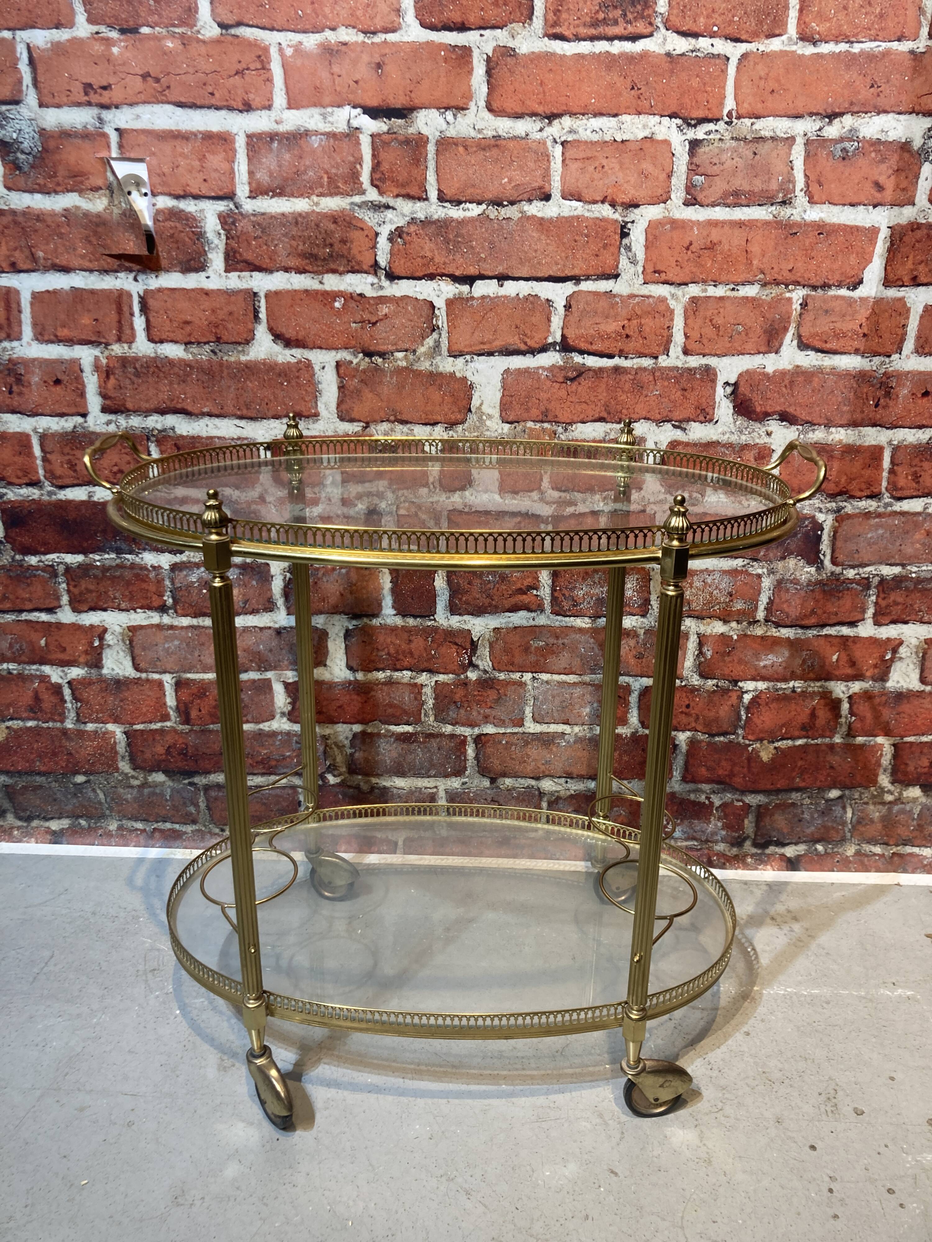 Glass and metal trolley, contains 4 bottle holders