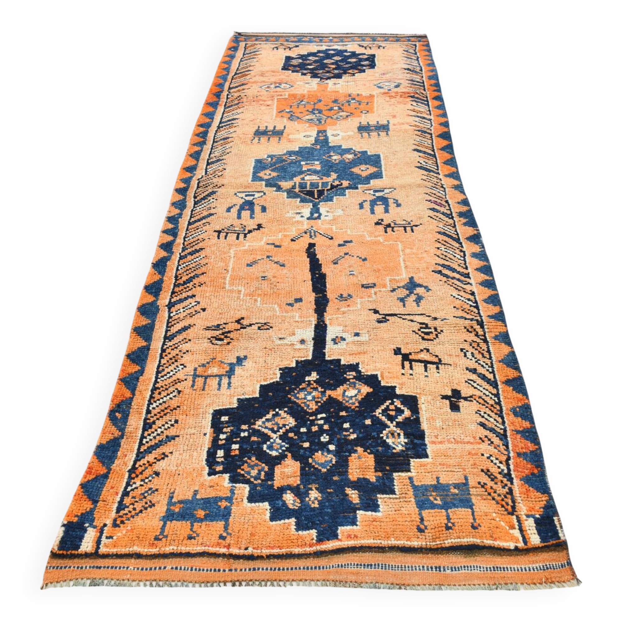 Tapis de couloir turc Orientel, orange délavé, bleu marine, 4 x 11, 105 x 339 cm, SK 23509