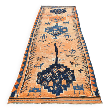 4x11 Faded Orange Navy Blue Turkish Orientel Runner Rug, 105x339Cm SK 23509