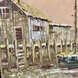 Marine - fishing port at dusk. Signed C.Robert