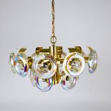 Large brass chandelier by Oscar Torlasco, rainbow optical glass rings, Italy, 1970s.