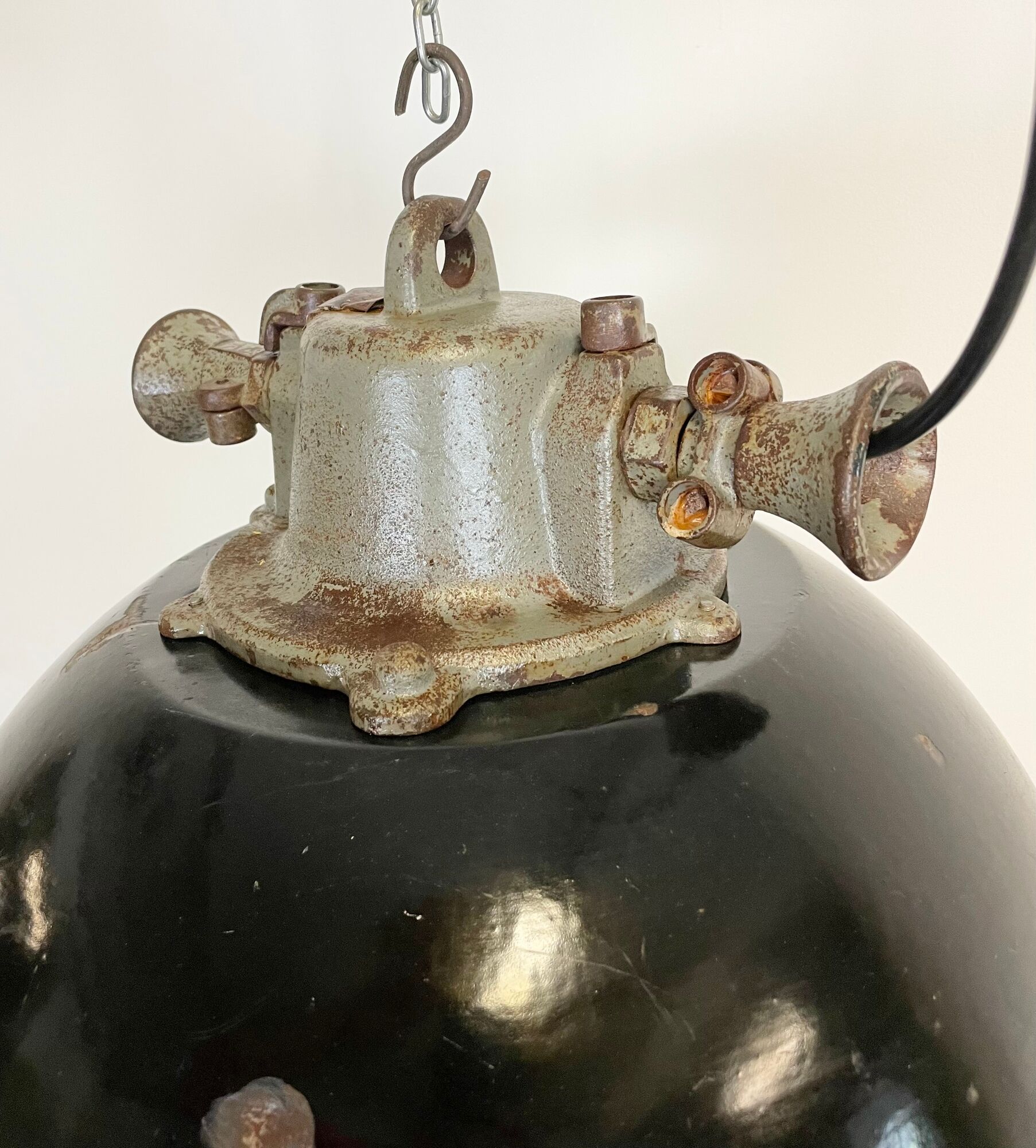 Black Enamel and Cast Iron Industrial Cage Pendant Light, 1950s