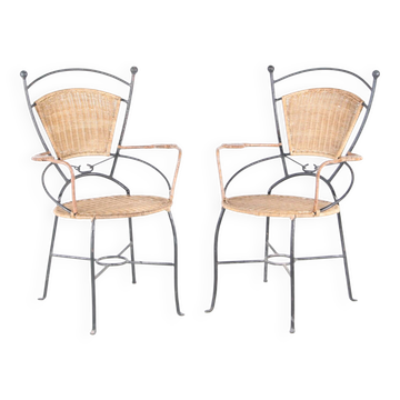 Paire de fauteuils en fer et rotin