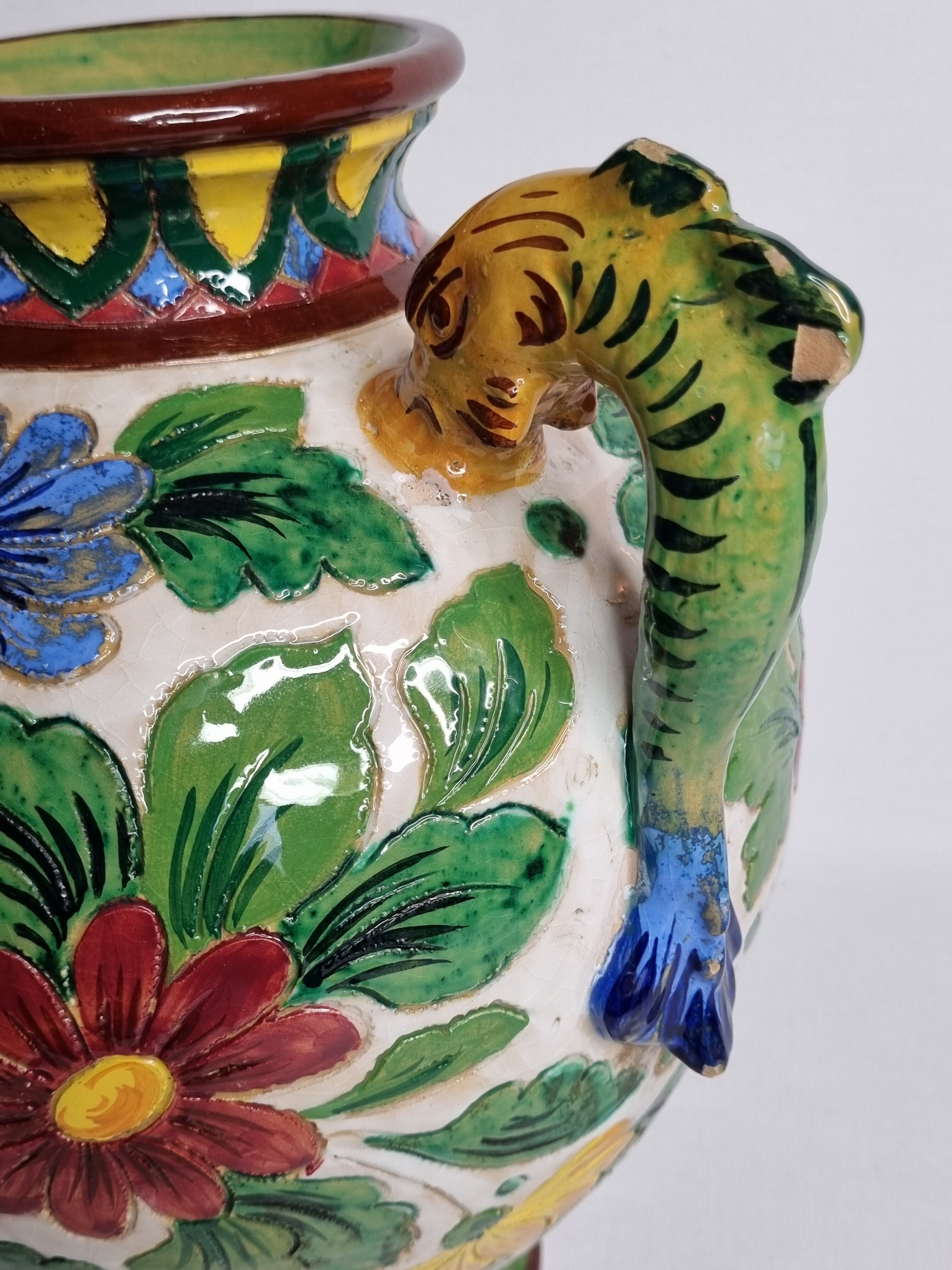 Vase with two handles "dolphins" decorated with flowers, Italy, 30 cm