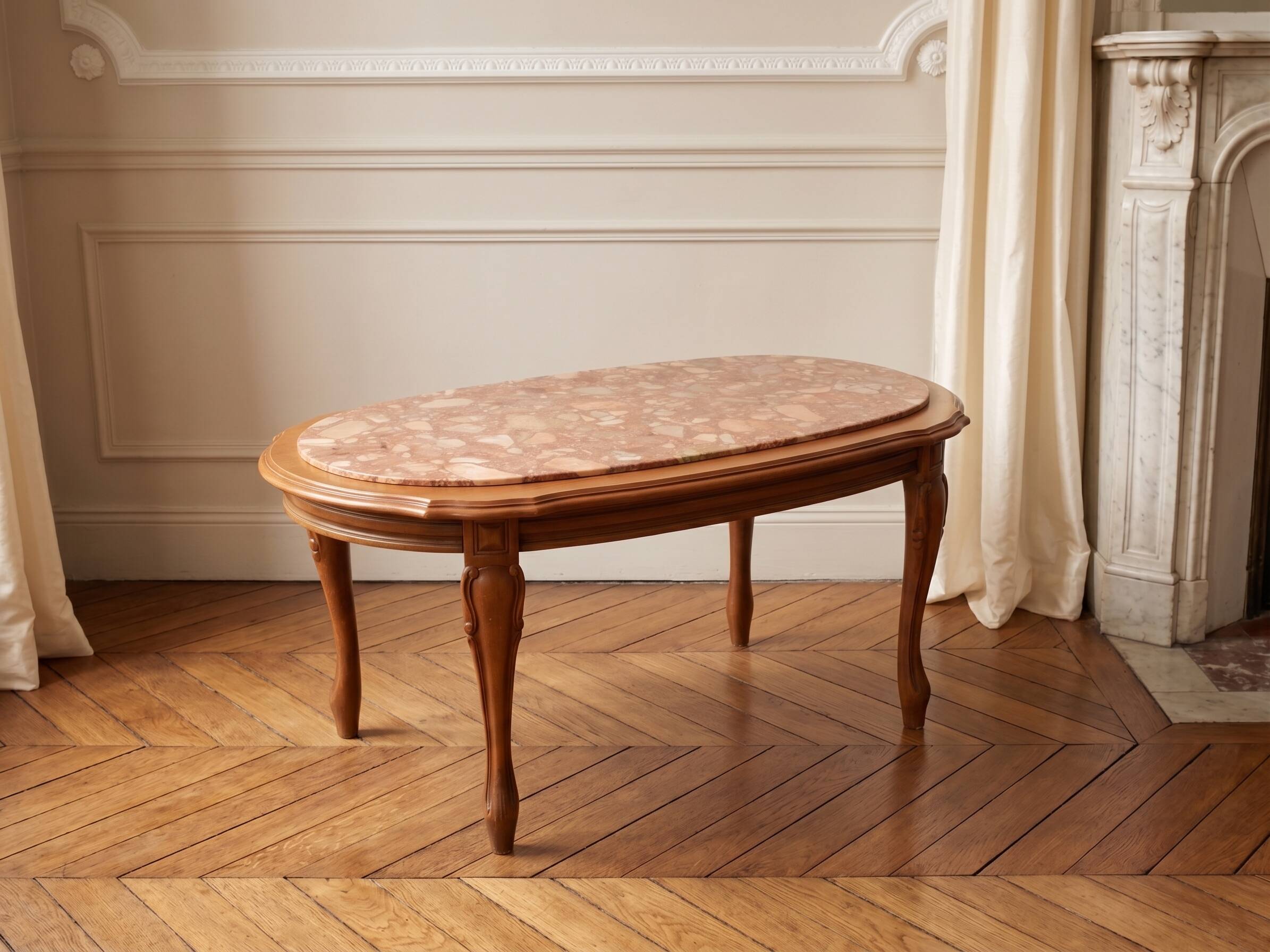 Coffee table with a stone top.