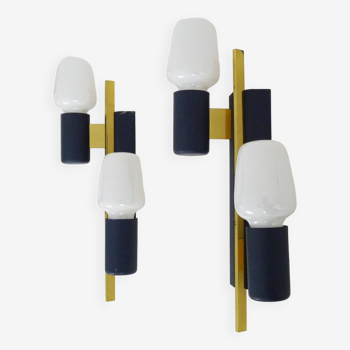 Pair of vintage wall lights in navy blue metal and gold brass, 1960s