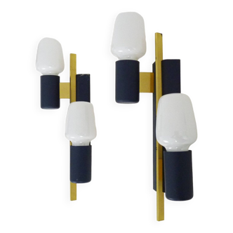 Pair of vintage wall lights in navy blue metal and gold brass, 1960s