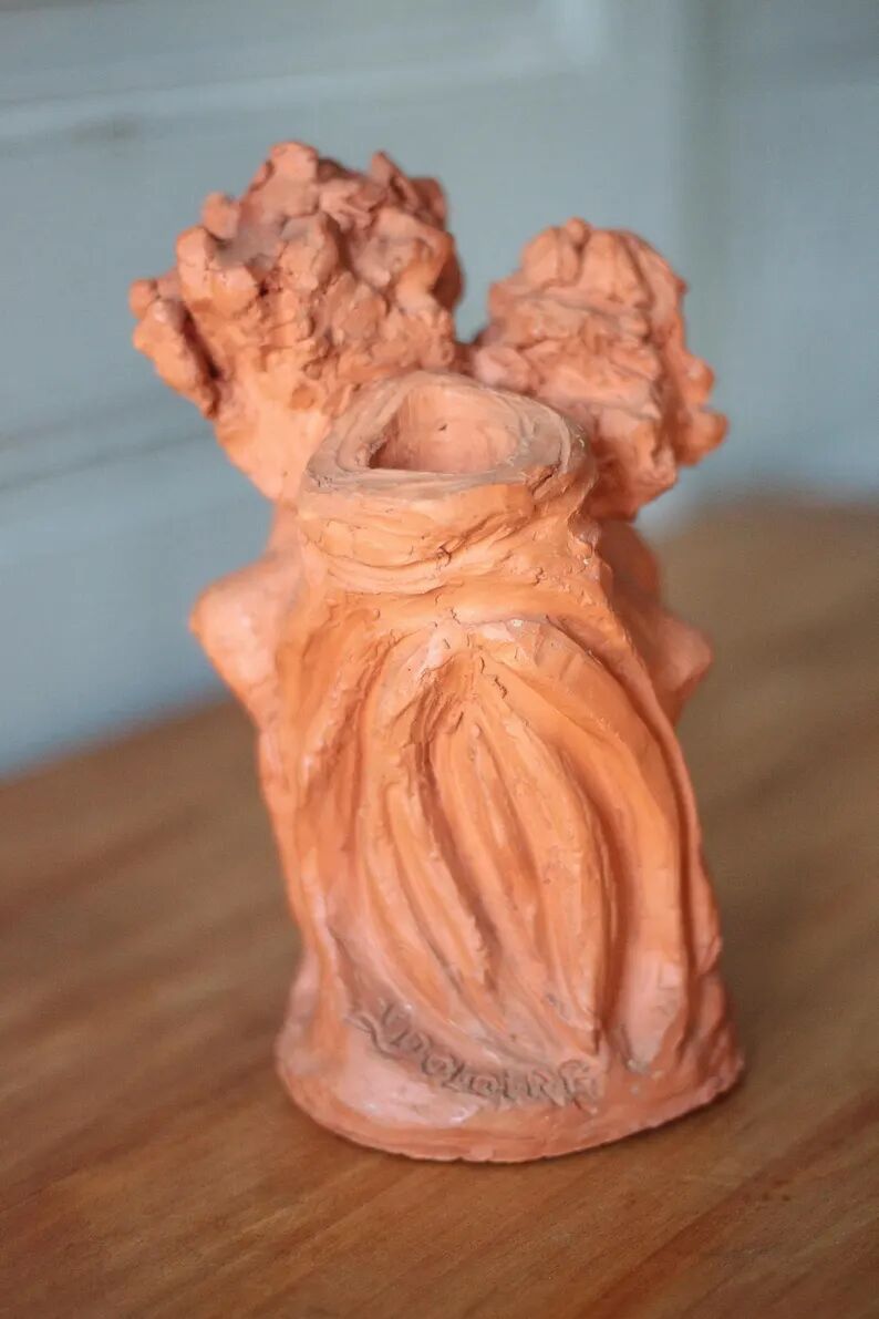 Sculpture signed Doloire, terracotta sculpture with 3 faces, candlestick sculpture, collection, interior decoration.