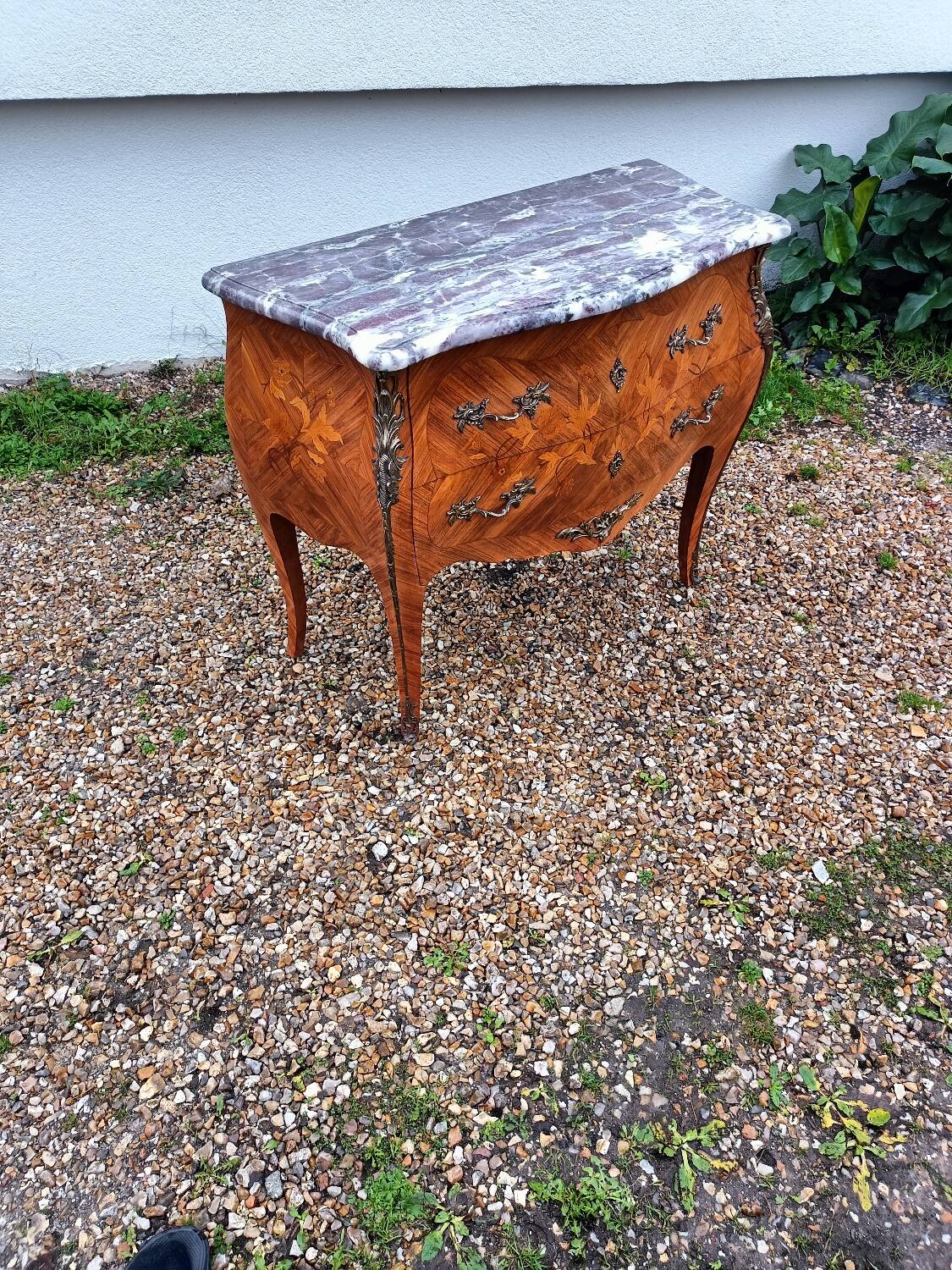 Old marquetry chest of drawers, Louis XV style marble top