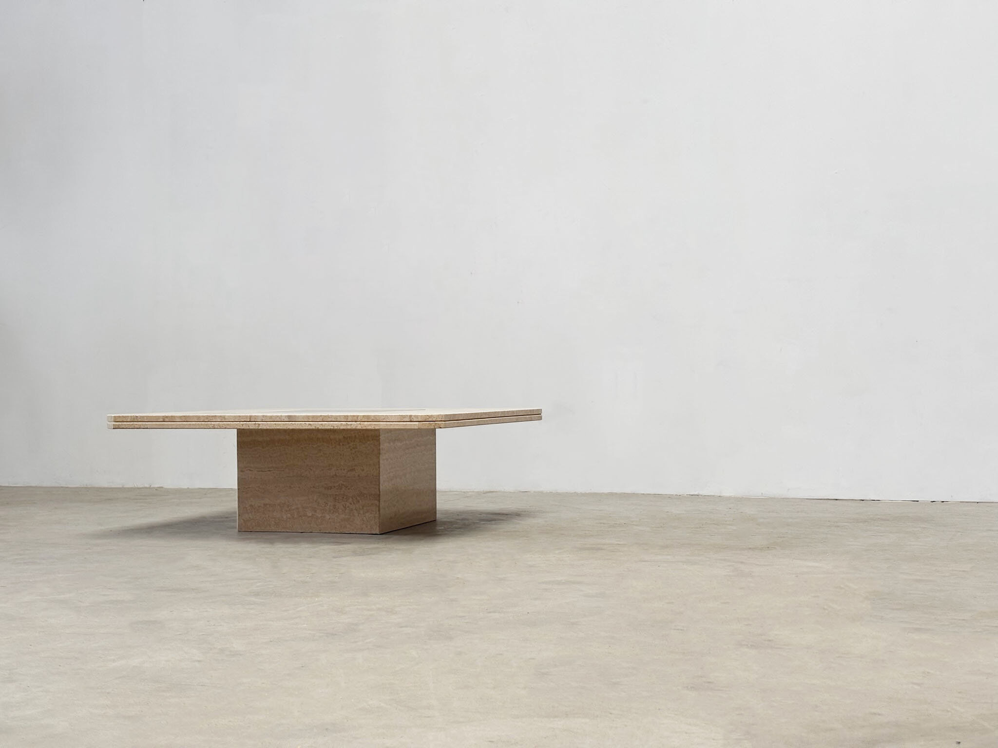 George Mathias square travertine and brass coffee table