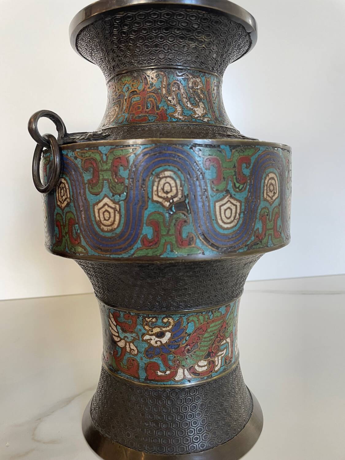 Pair of antique cloisonné bronze vases, China or Japan circa 1900-1930.