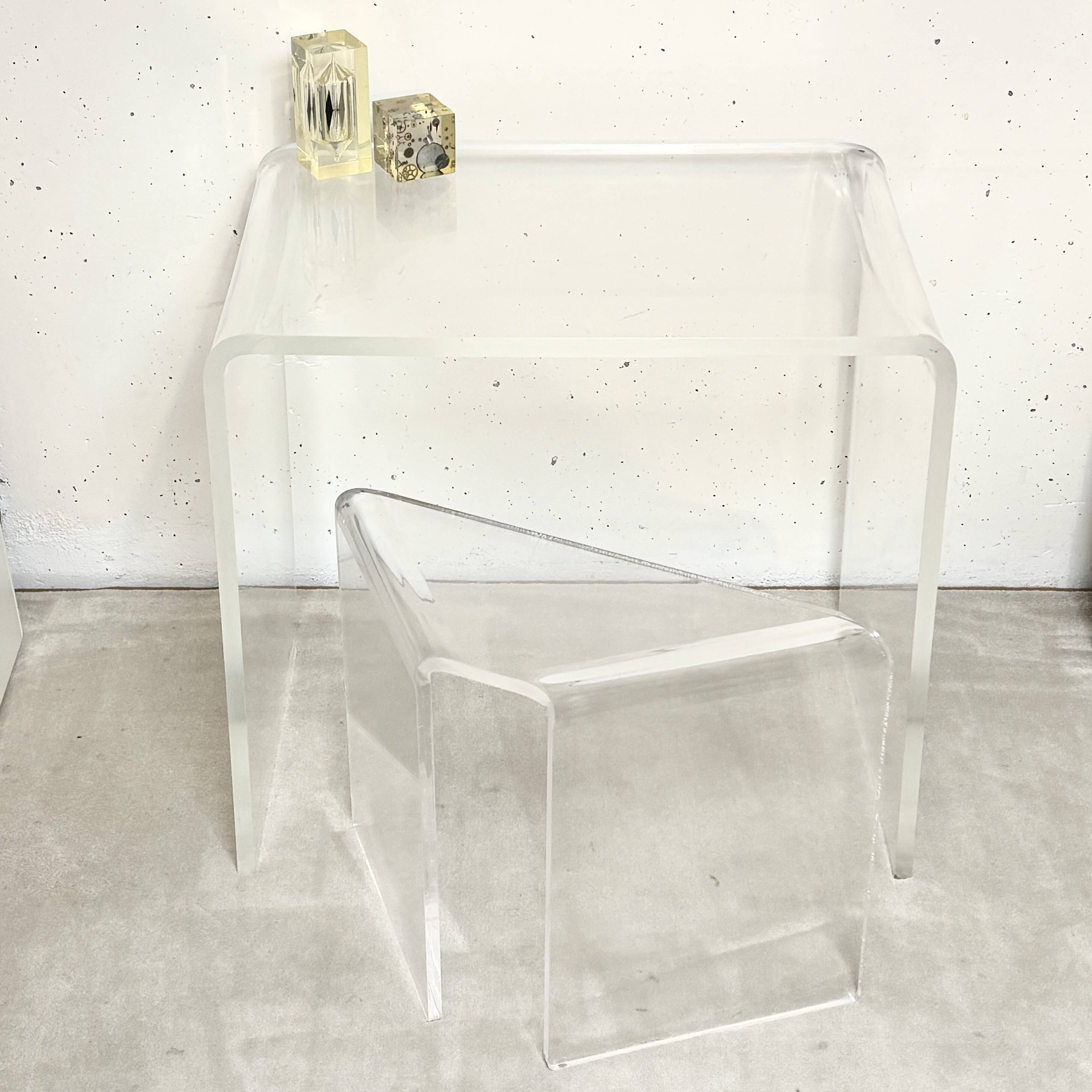 Plexiglass desk, dressing table and stool, 1970