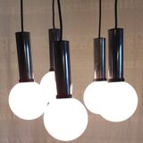 Cascade suspension with 5 chrome metal lights and opaline globes - 1970s