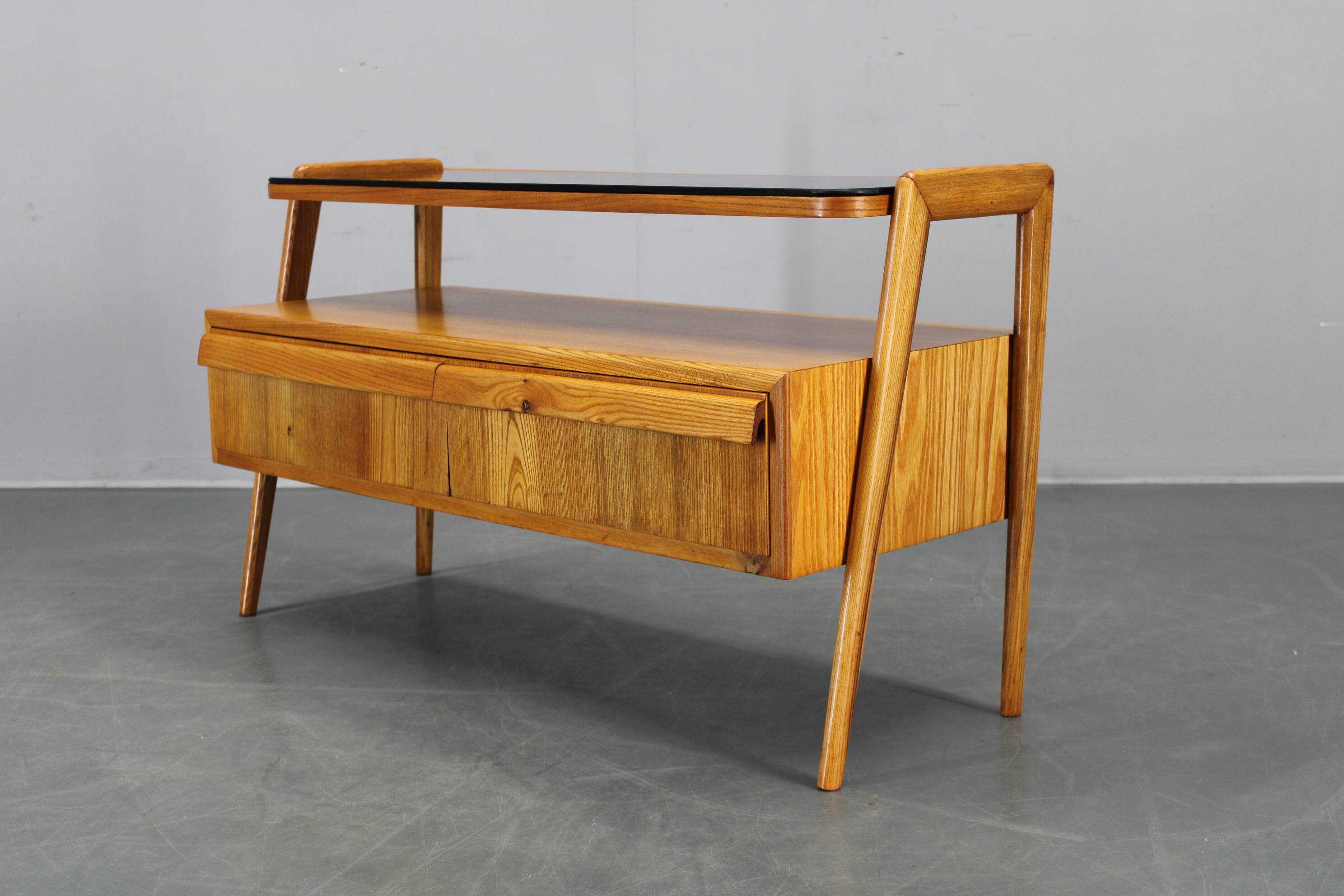 1960s Czechoslovakian Maple TV Rack with Drawers and Glass Top