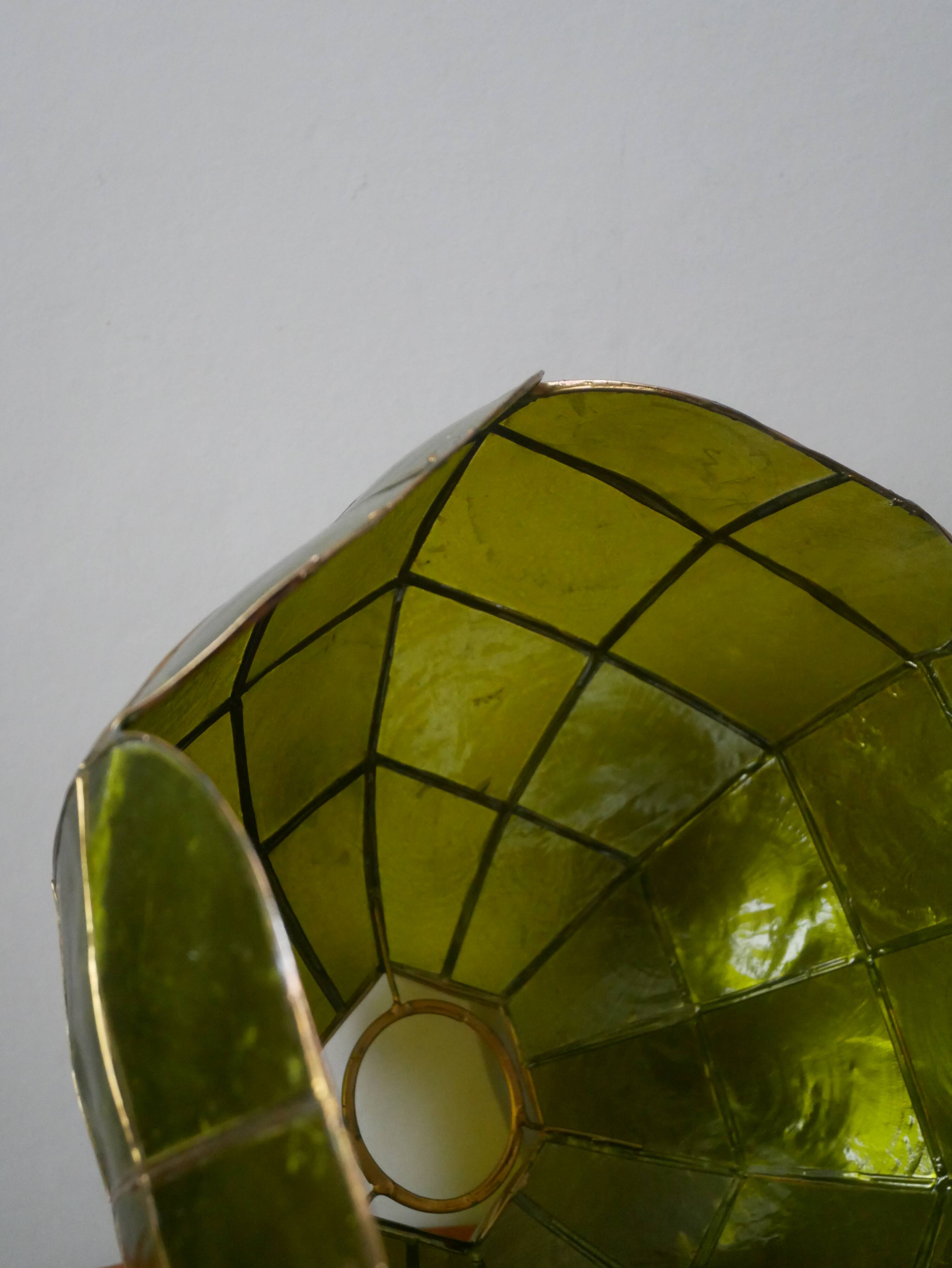 Vintage green and gold mother-of-pearl and brass pendant lampshade, bohemian country decoration