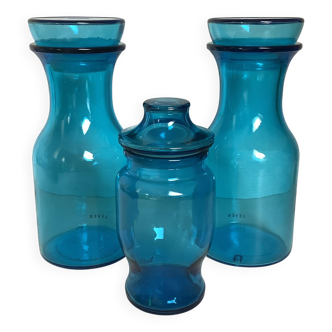 Trio of blue glass candy jars from the 70s