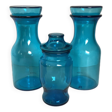 Trio of blue glass candy jars from the 70s
