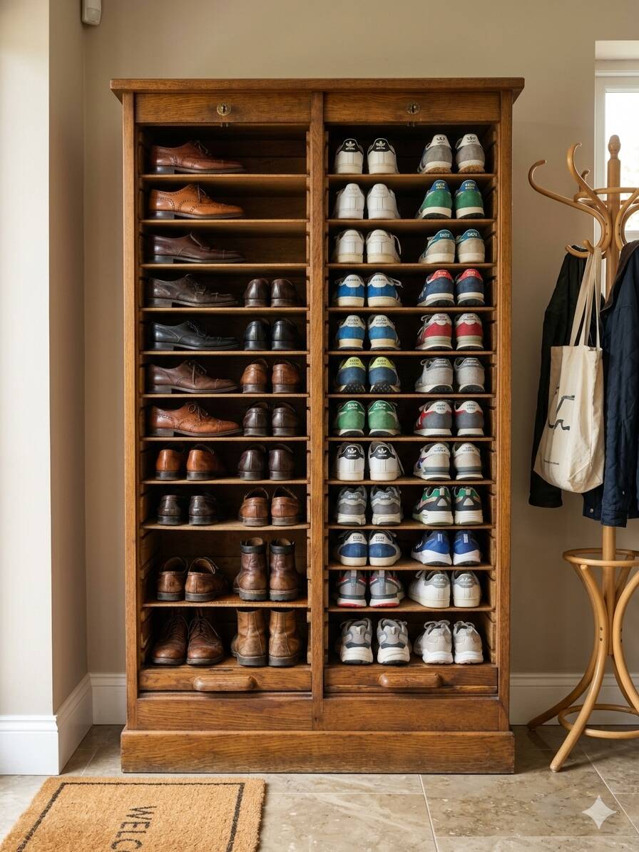 Antique double curtain cabinet in oak (internal drawers)