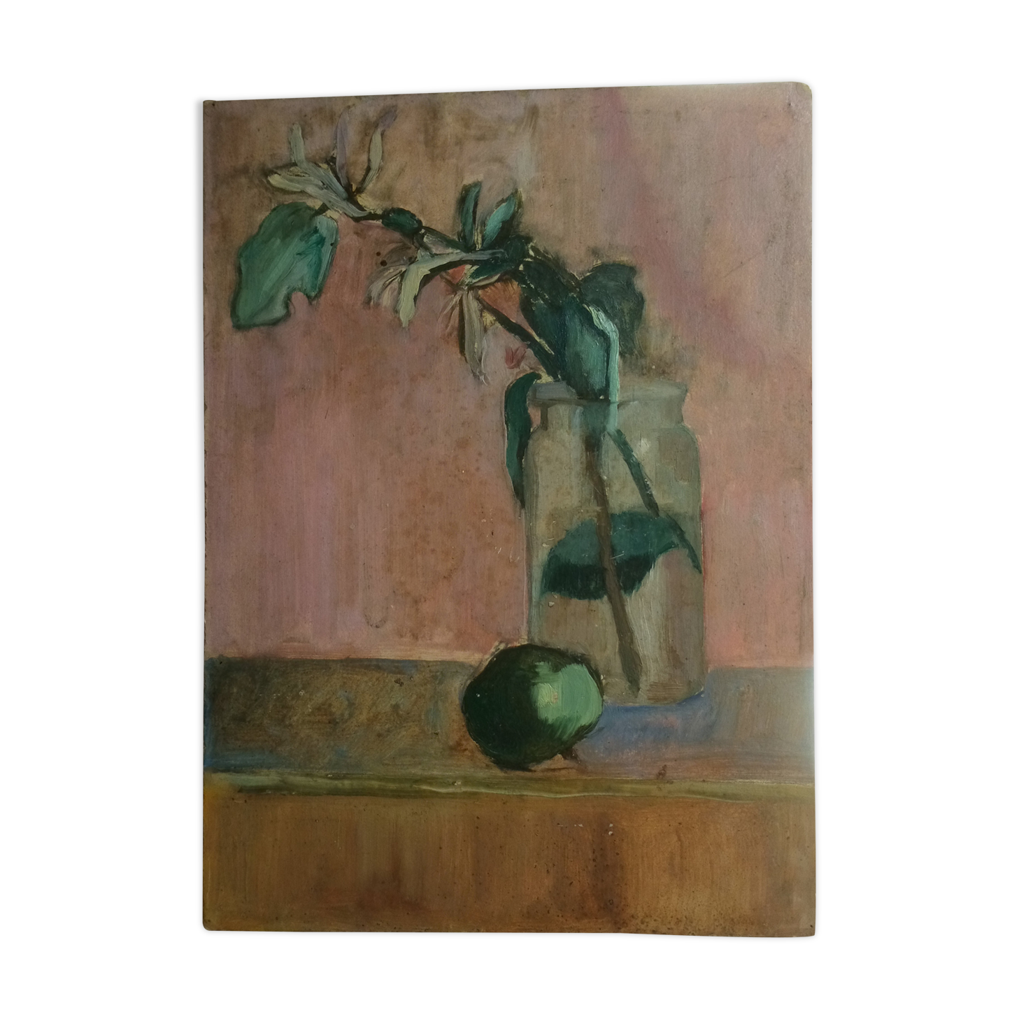 Oil painting on cardboard honeysuckle branch