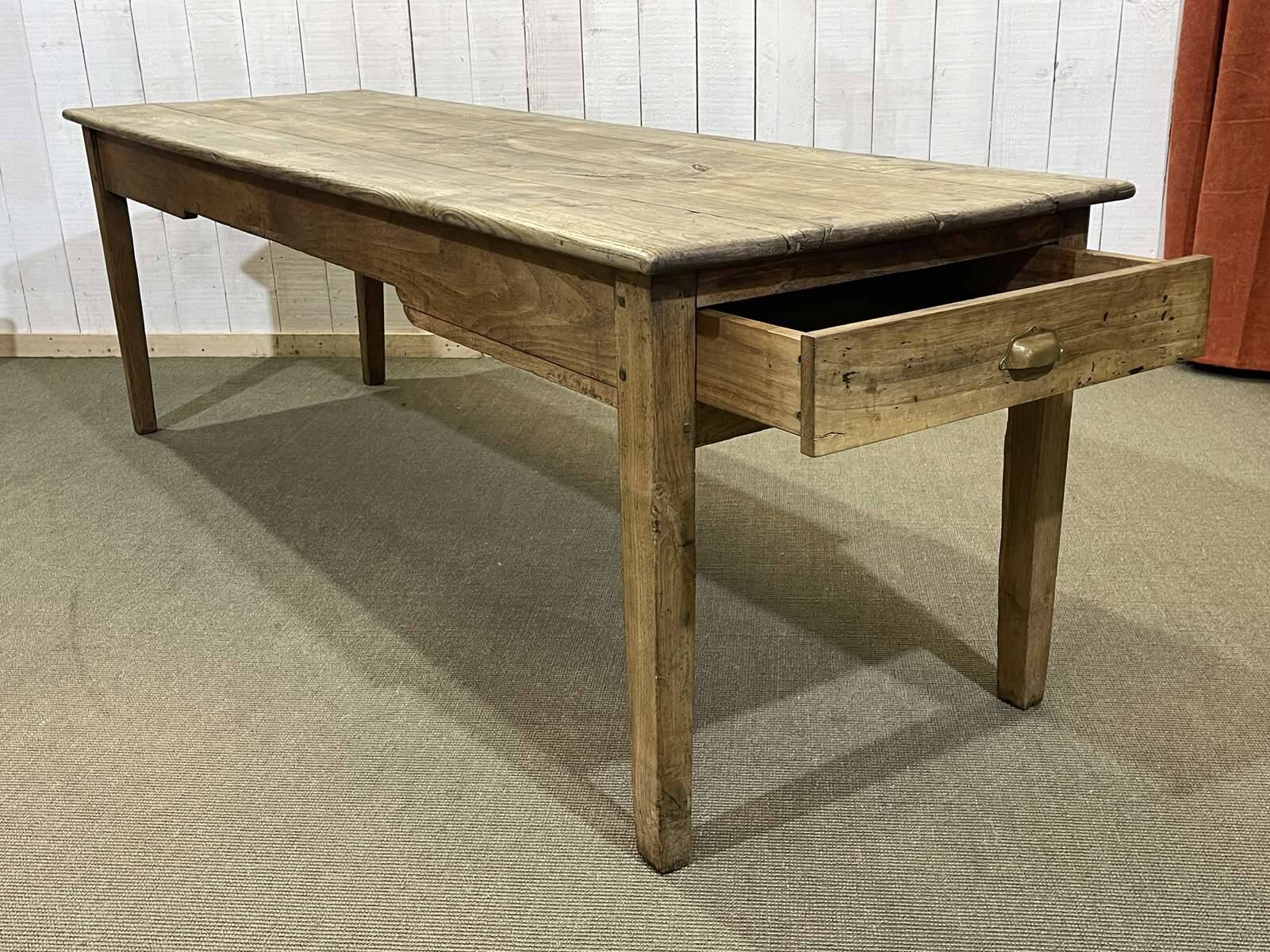 19th century farmhouse table in raw chestnut with original drawer and shelf