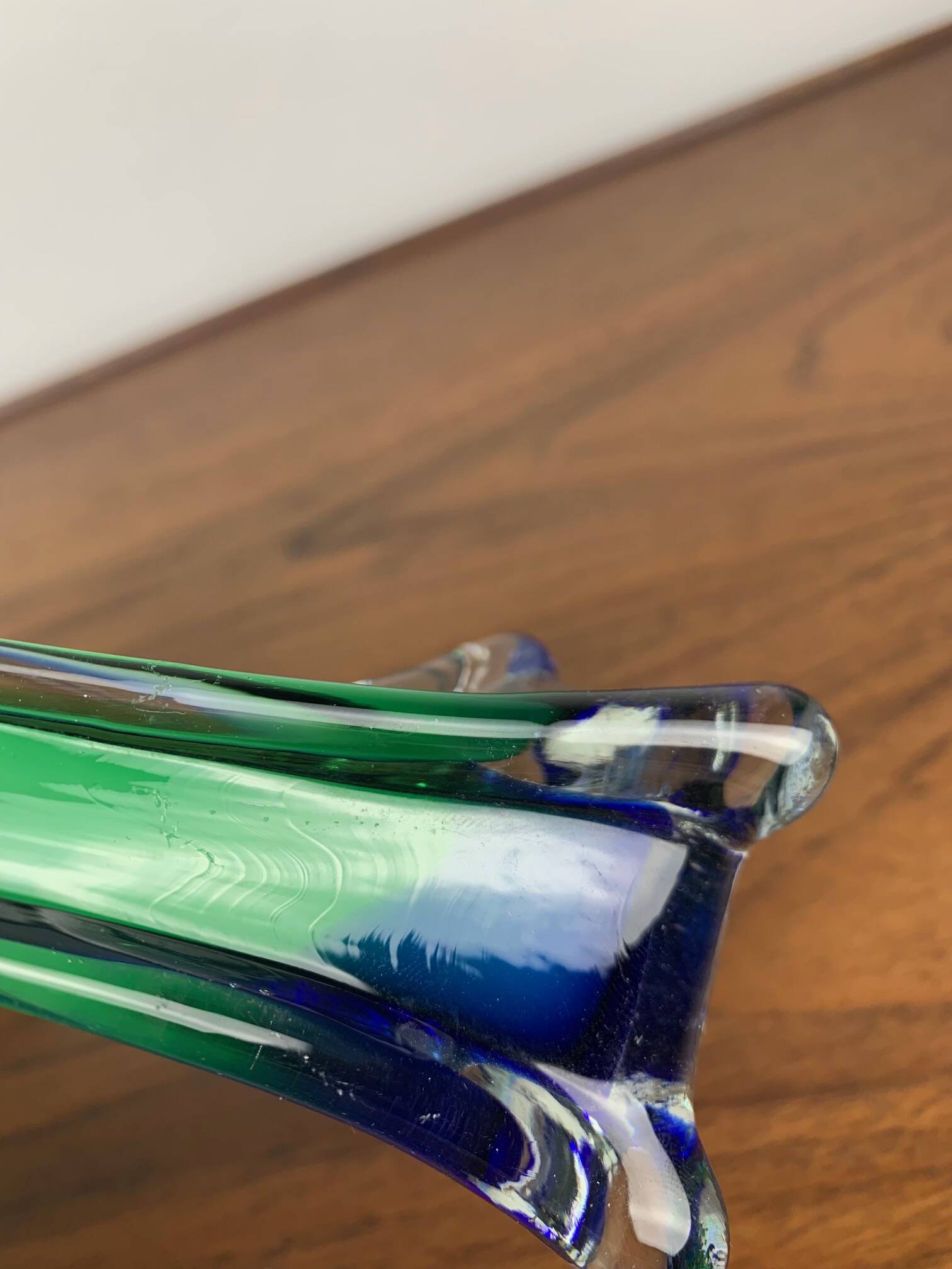 Pair of blown glass soliflores, Murano style, green & blue