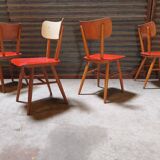 Set of 4 red wooden chairs published by Ton, 60s