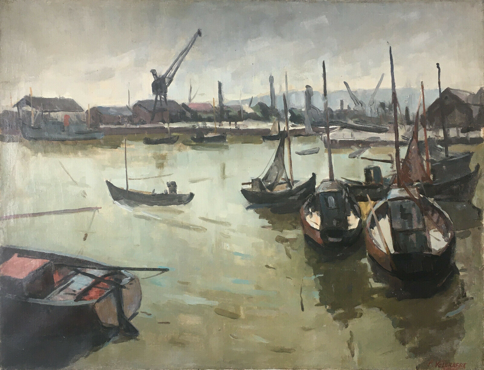 Painting Piet VOLCKAERT (1902-1973) HST Docked boats with urban marine crane