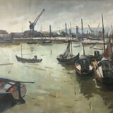 Painting Piet VOLCKAERT (1902-1973) HST Docked boats with urban marine crane