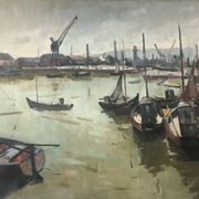 Painting Piet VOLCKAERT (1902-1973) HST Docked boats with urban marine crane
