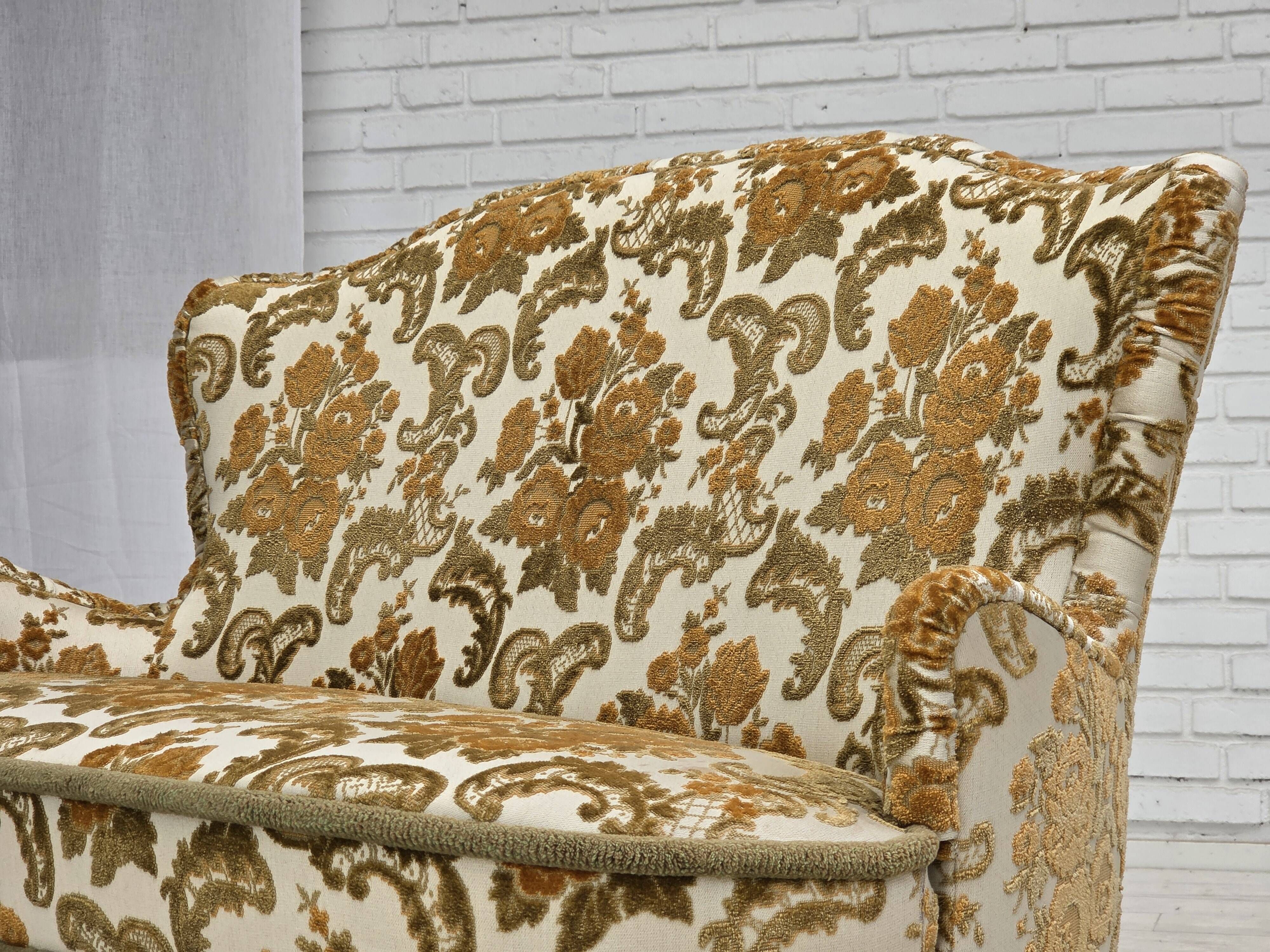 1970s, small 2-seater Danish sofa, brown/beige furniture fabric.