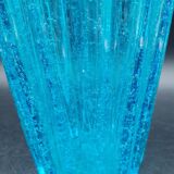Large vase in blown bubbled glass with a ribbed texture and vintage sky blue, height 30cm