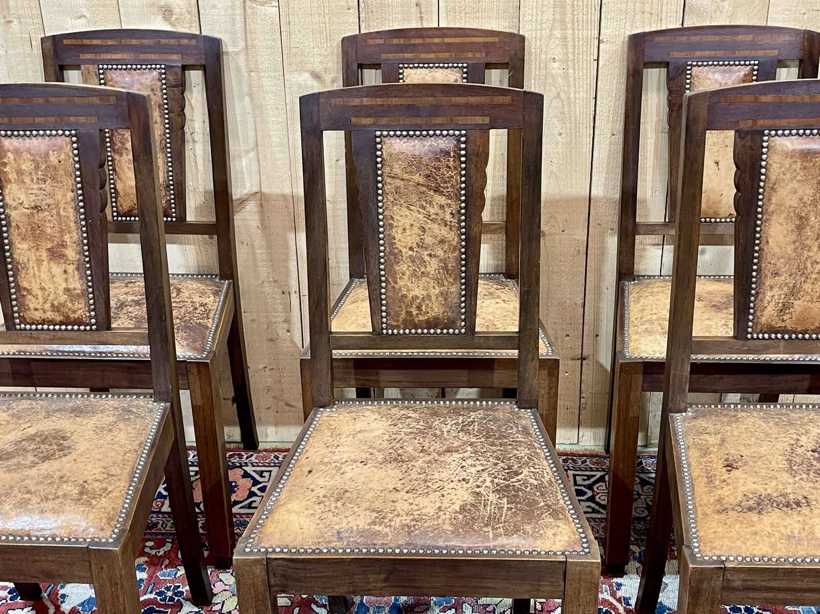Series of 6 Art Deco chairs in mahogany and leather from the 1930s