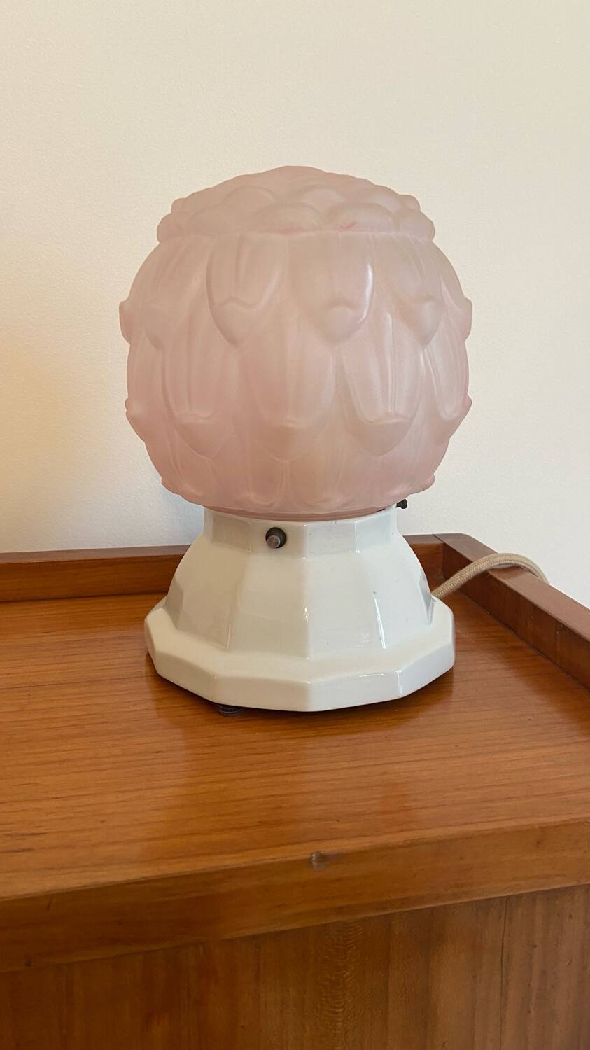 Art Deco powder pink globe lamp and porcelain base