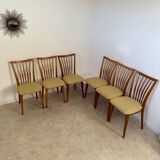 Lot of 6 old solid beech chairs, vintage design from the 60s, new fabric