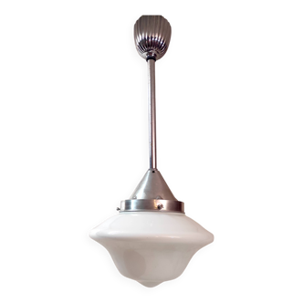 Bauhaus style pendant light in chromed metal and opaline glass globe - 1920s/30s