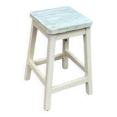 Tabouret rustique / de ferme carré en bois blanc patiné 1960