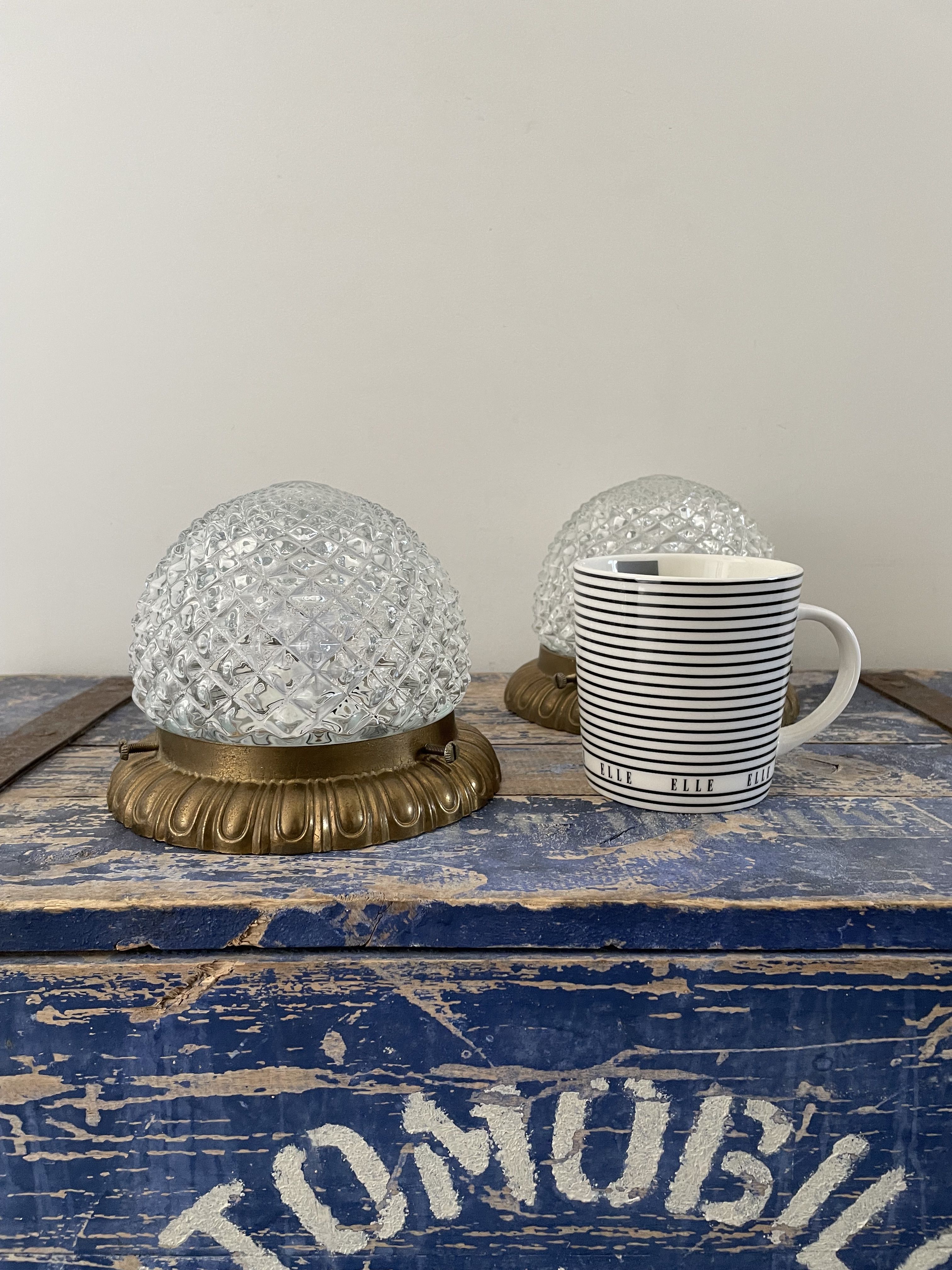 Set of two ceiling lamps or sconces in brass and glass