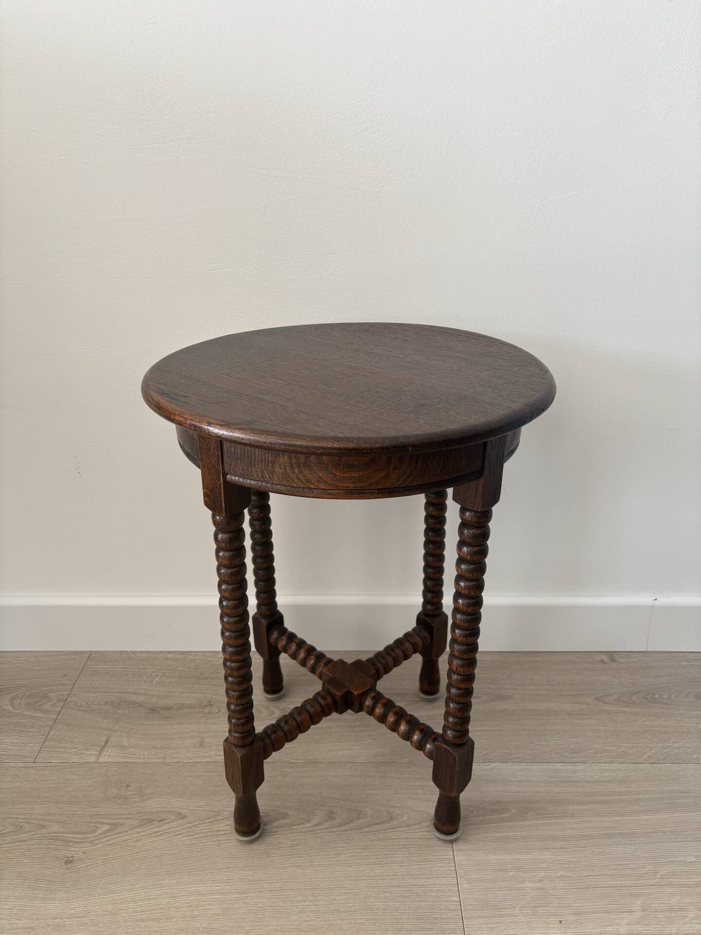 Small vintage turned wooden side table, round wooden accent table.