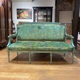 Louis XVI style bench in blue lacquered wood with gold trim