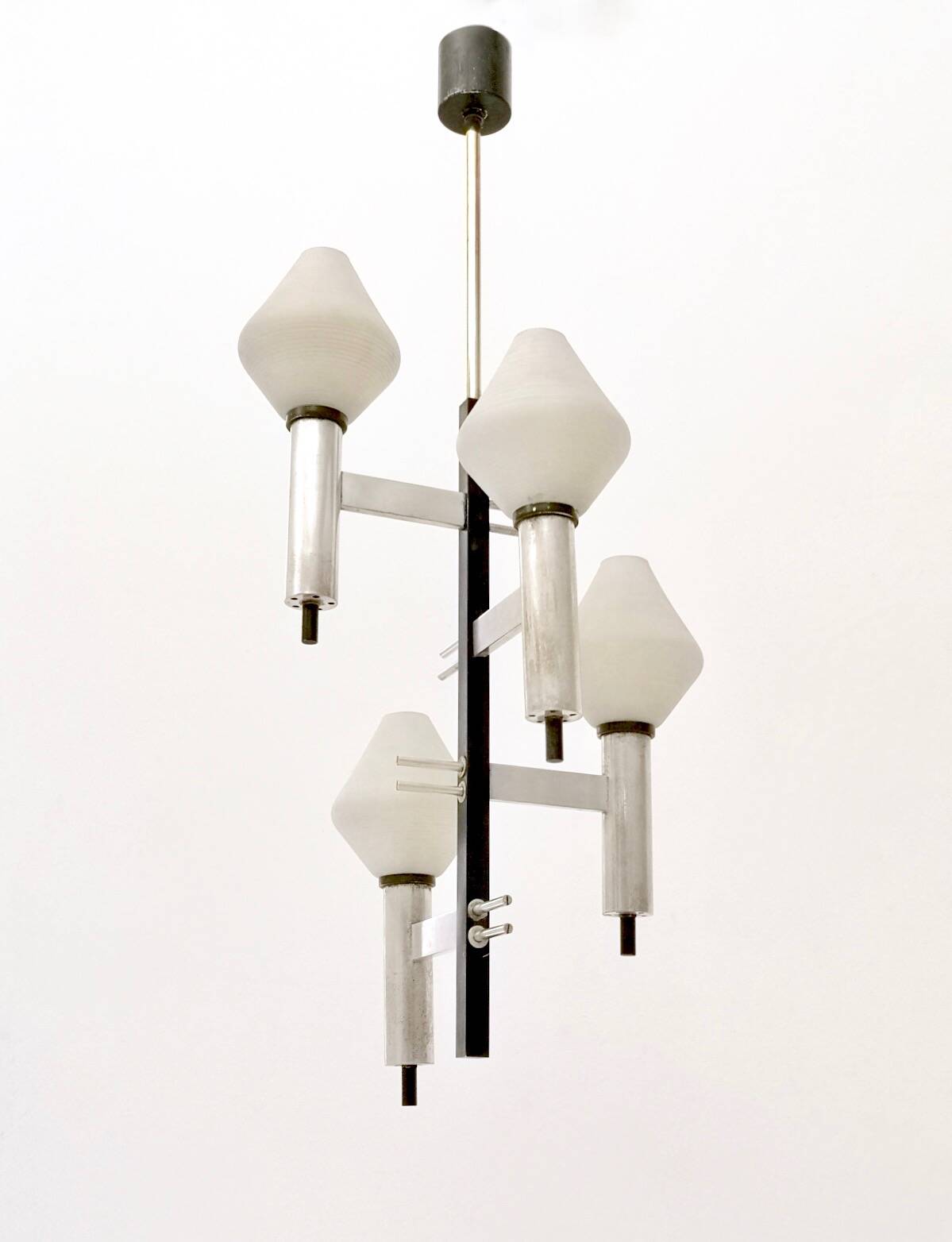 White Encased and Engraved Glass and Brass Chandelier