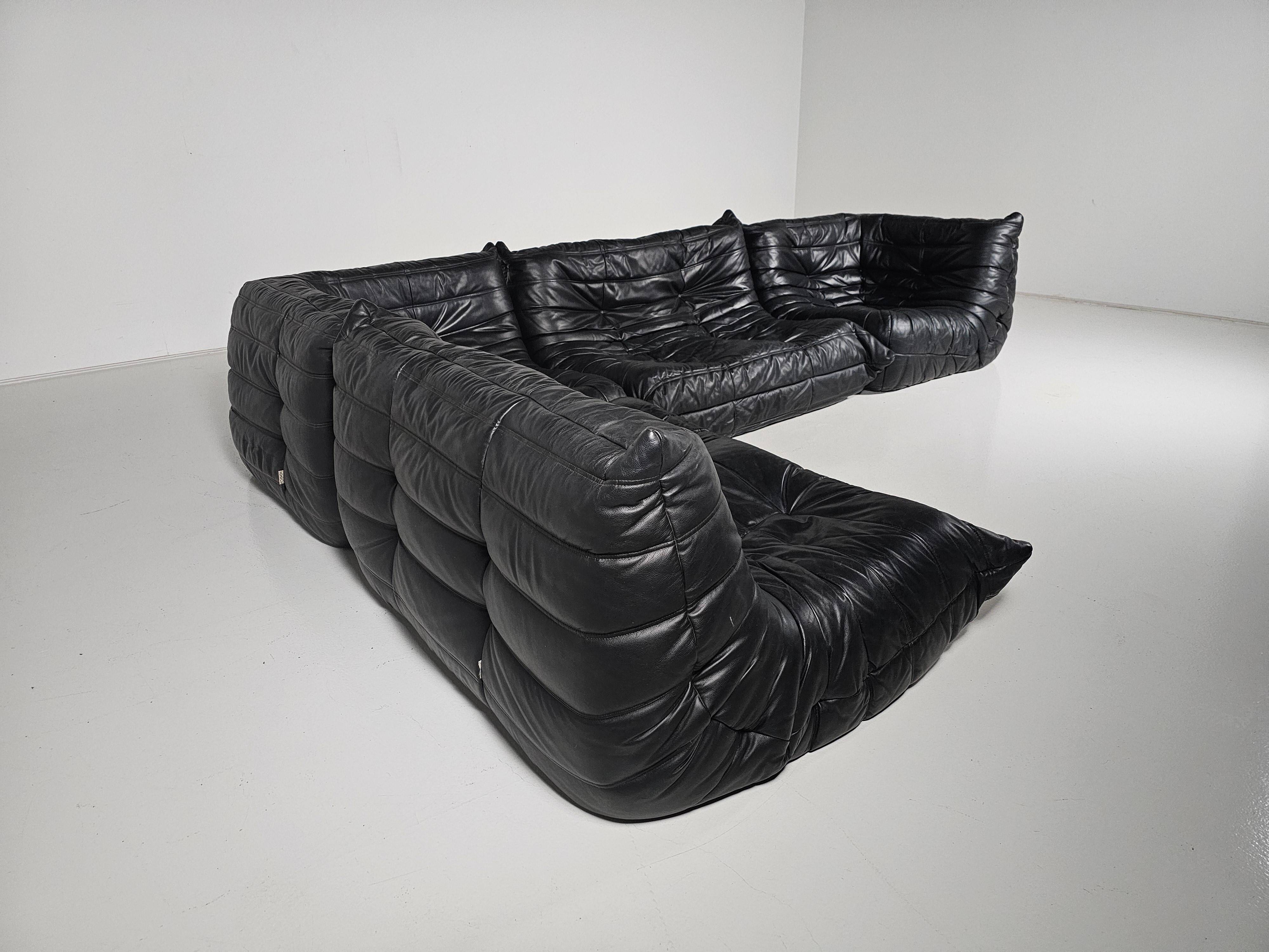 Togo black leather sofa, original, Michel Ducaroy, Ligne Roset, 1980
